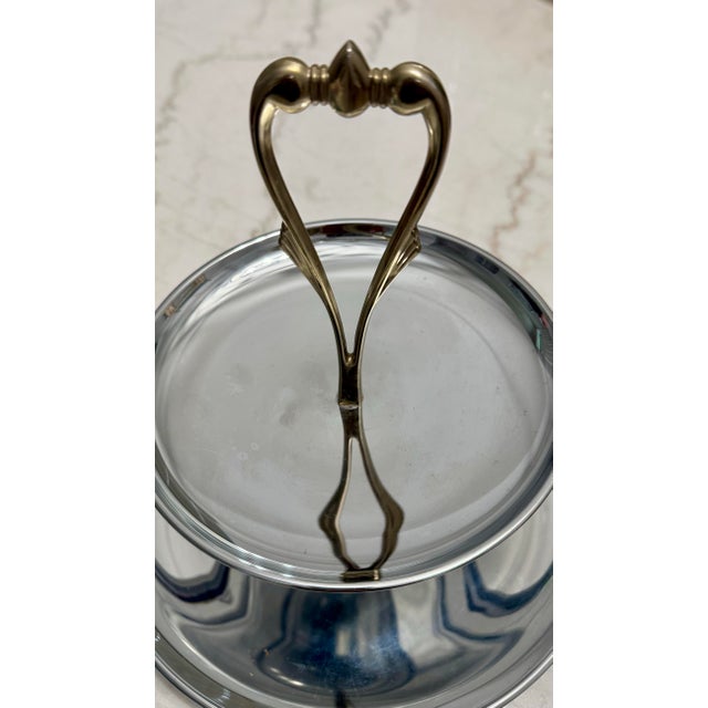 Mid-Century Modern Vintage Mid-Century Modern 2-Tier Silver & Brass Tidbit Tray Dessert & Pastry Stand Centerpiece For Sale - Image 3 of 8