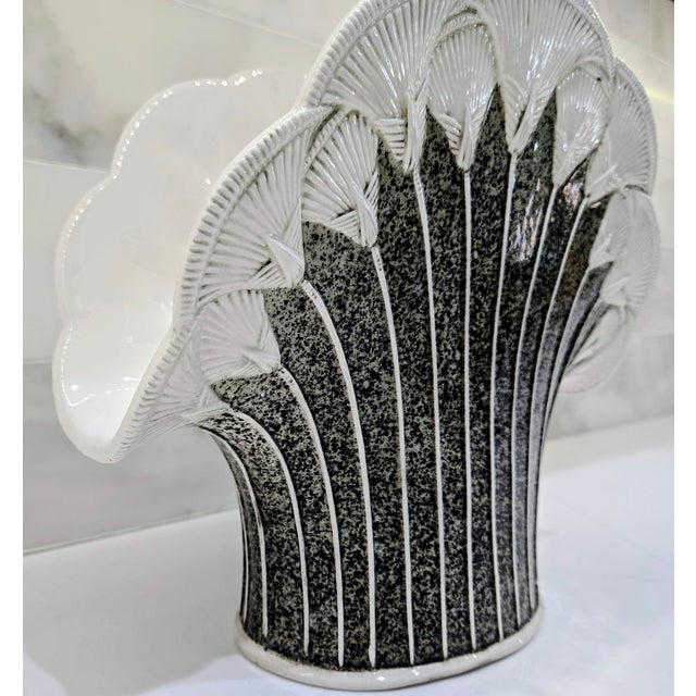 Art Deco Italian Art Deco Style Fan Shell Ceramic Vase, Mottled Green Brown Glaze, Made in Italy For Sale - Image 3 of 10