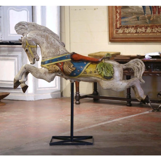 Mid 20th Century Mid-Century French Carved and Painted Carousel Horse on Metal Stand For Sale - Image 5 of 11