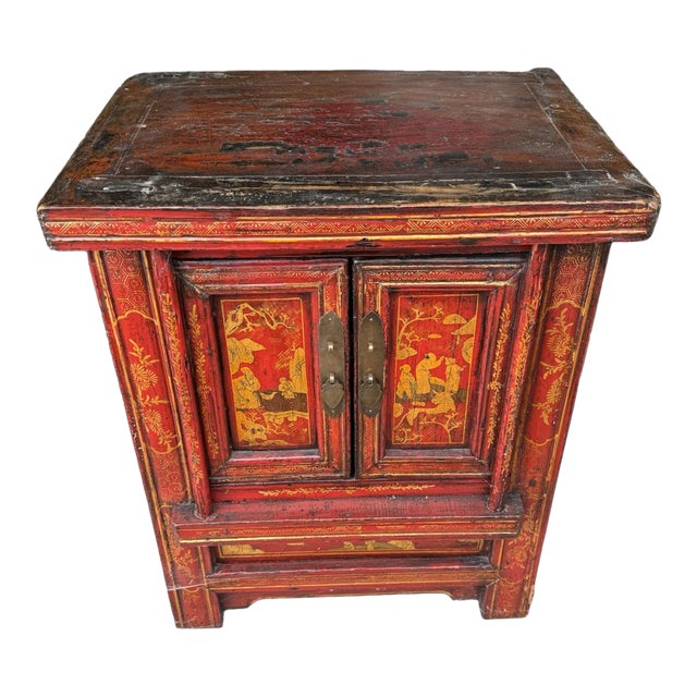 Antique Oriental Paint Decorated Double Door Cabinet For Sale