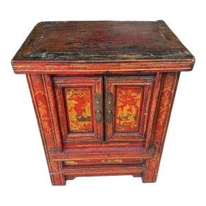 Antique Oriental Paint Decorated Double Door Cabinet