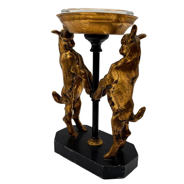 1920s Art Deco Twin Goat Brass Pedestal Ashtray W Glass Insert, Ronson Art Metal Works For Sale - Image 4 of 8