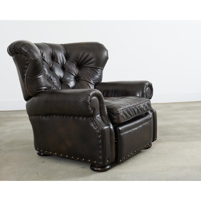 English Ralph Lauren Style Cigar Leather Wingback Writers Chair For Sale - Image 3 of 12
