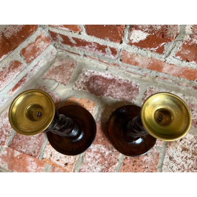 Pair Set Antique English Oak Open Barley Twist Candlesticks Candle Holder Brass For Sale - Image 11 of 12