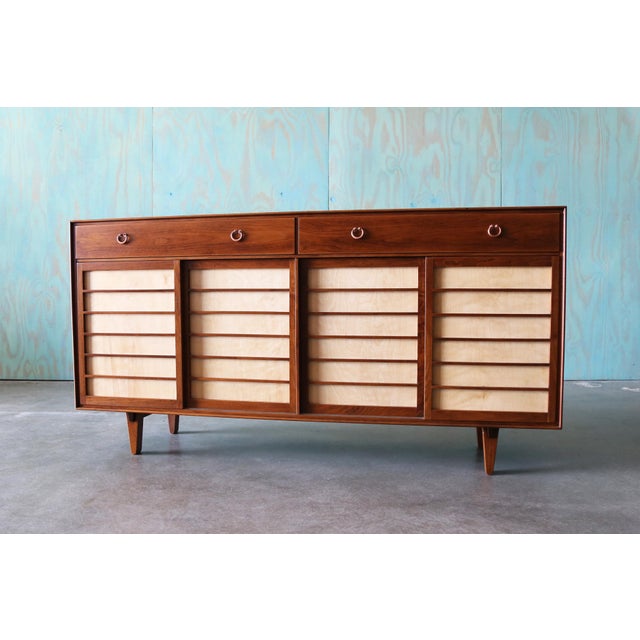 Mid-Century Modern 1950s Edward Wormley for Dunbar Janus Cabinet Walnut Copper 71" For Sale - Image 3 of 11