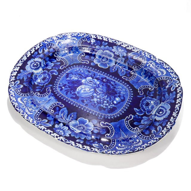 19th Century Large Antique Stubbs 'Fruit & Flowers' Blue Transferware Platter or Serving Tray For Sale - Image 5 of 18