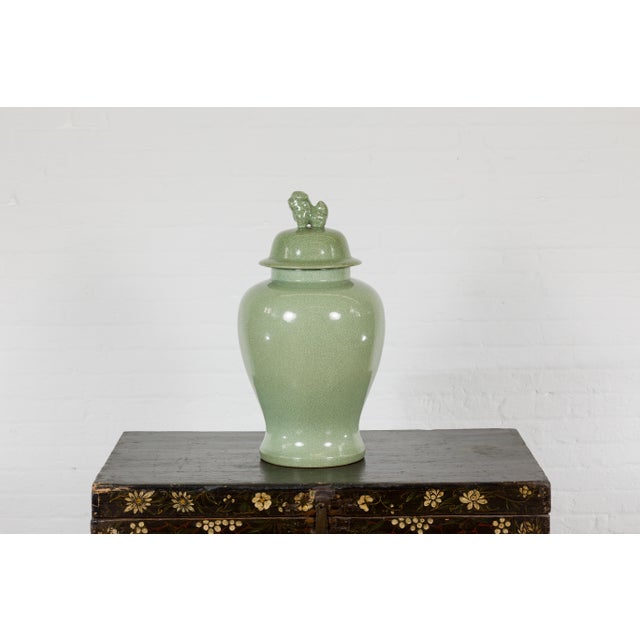 Crackle Green Celadon Lidded Vase with Stylized Foo Dog Finial For Sale - Image 9 of 12