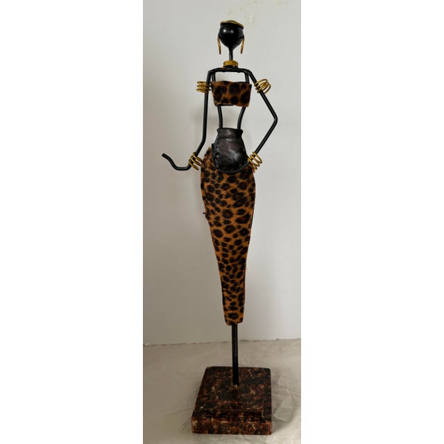 Vintage African Inspired Metal Female Sculpture With Leopard Print, Handcrafted Global Eclectic Figurine, 18.5 For Sale - Image 11 of 11