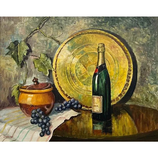 1980s Vintage Champagne Bottle With Grapes Still Life Oil Painting by 20th Century Artist, 1985 Circa For Sale - Image 5 of 12