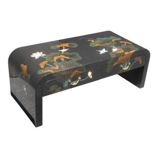 Vintage Black Lacquered Chinoiserie Asian Floral Design Two Drawer Coffee Table For Sale