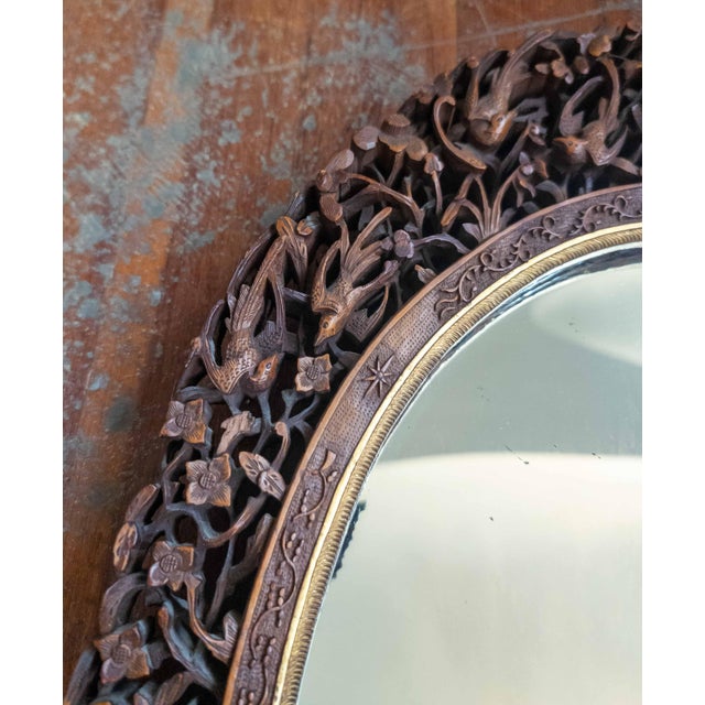 Wood 19th Century Chinese Canton Export Carved Reticulated Mirror Frame With Birds For Sale - Image 7 of 18