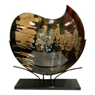 1990s Jasmine Art Glass Handmade Fused Curl Glass Vase With Metal Stand Gold/Brown/Black For Sale