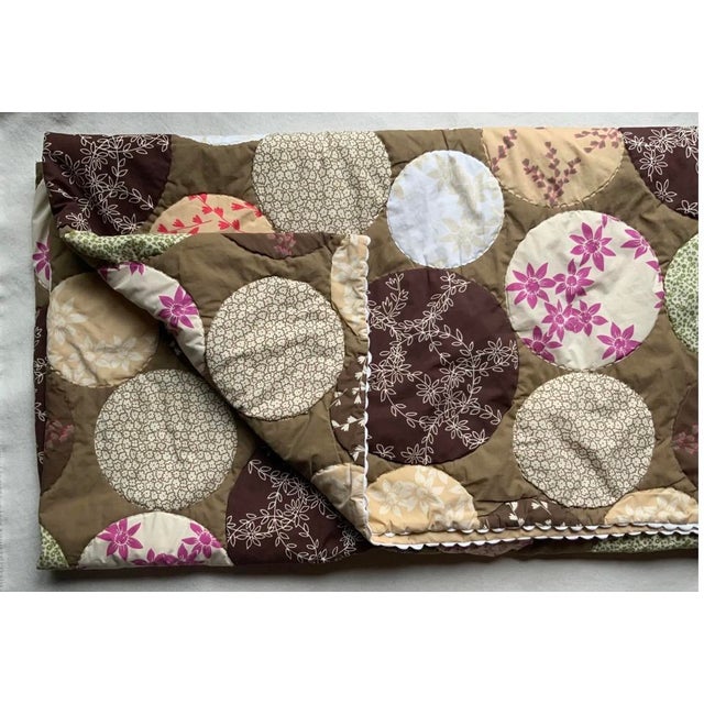 Hippie-Chic Japanese Cotton Medallion Quilt — Chocolate Brown & Pink Floral Circles, Hand Quilted, 66x88in. For Sale - Image 17 of 18