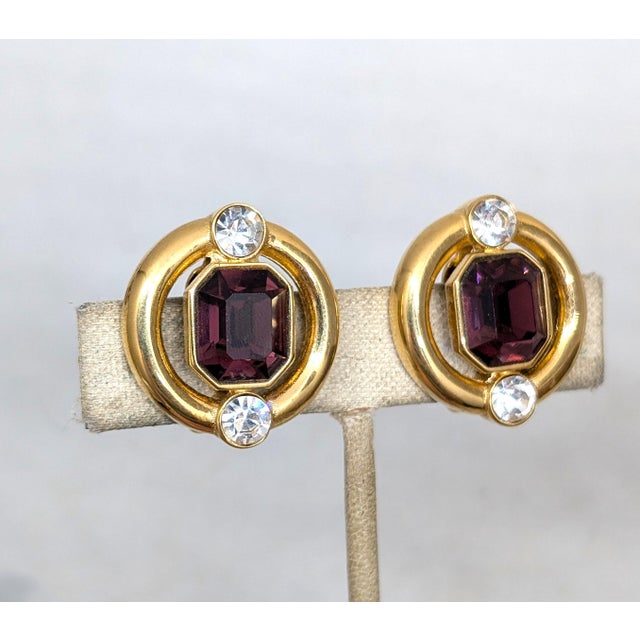 Modern Vintage 1980s Signed Givenchy Round Faux-Amethyst & Clear Rhinestone Clip Earrings-2 Pieces For Sale - Image 3 of 7
