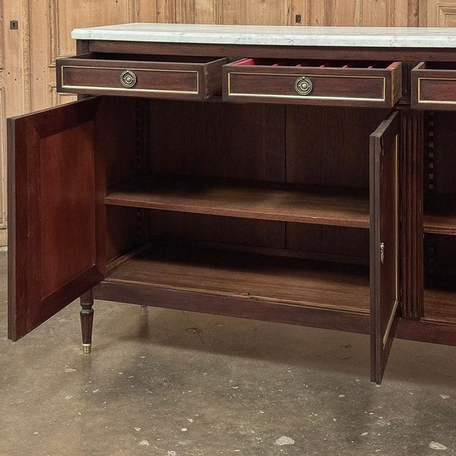 French Louis XVI Carrara Marble Top Mahogany Buffet in the Maison Jansen Style, Mid-Century For Sale - Image 11 of 18