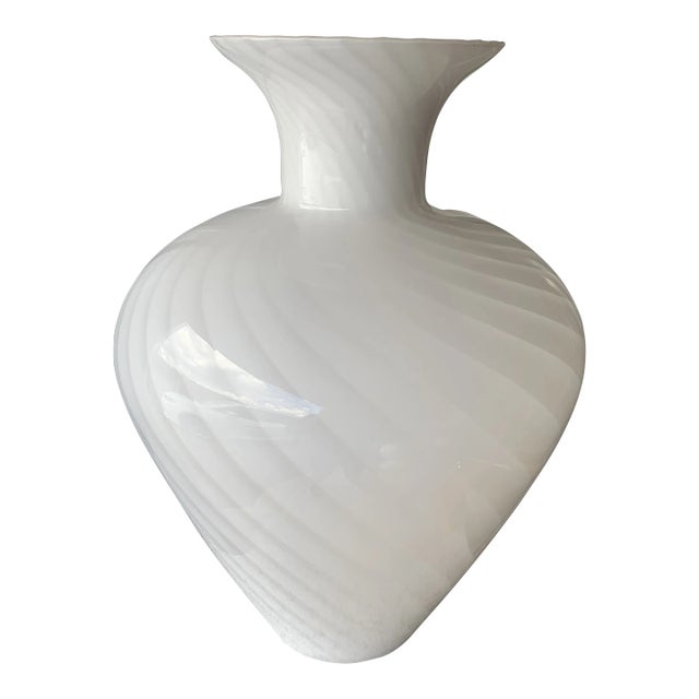 Vintage White Swirl Murano Hand Blown Glass Extra Large Vase For Sale