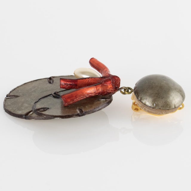 Beige Cilea Paris Floral Resin Dangle Clip Earrings Coral and Taupe Lunaria For Sale - Image 8 of 8