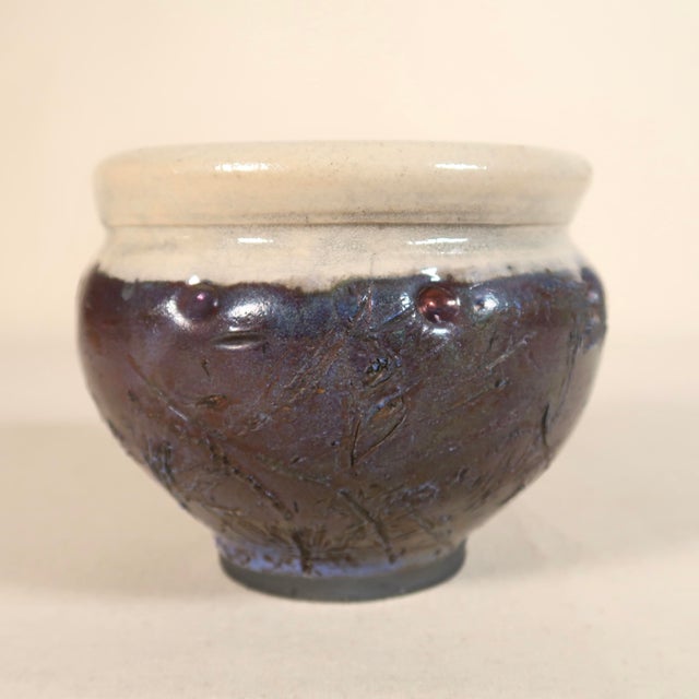 Contemporary Late 20th Century Handmade Textured Raku Studio Pottery Vessel in Iridescent Burnt Sienna Glaze With Plum & Green Reduction Finish For Sale - Image 3 of 13