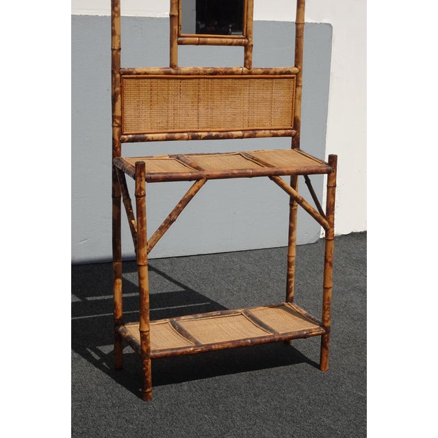 Vintage French Country Bamboo Rattan Hall Tree Side Table W Mirror