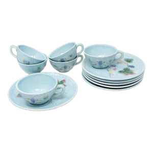 Vintage German Majolica Birds and Grapes Snack Plates and Cups - 12 Pieces