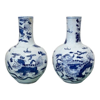 Contemporary Chinoiserie Tianqiu Foo Dog Vases - A Pair For Sale