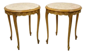 French Provincial Hollywood Regency Round Pink Marble Top Side Tables - A Pair