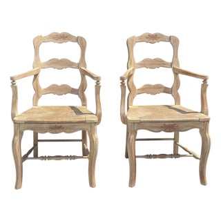 Vintage Louis XV-Style Carved Accent Chairs With Rush Seats, Pair For Sale
