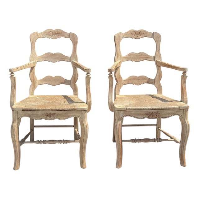 Vintage Louis XV-Style Carved Accent Chairs With Rush Seats, Pair For Sale