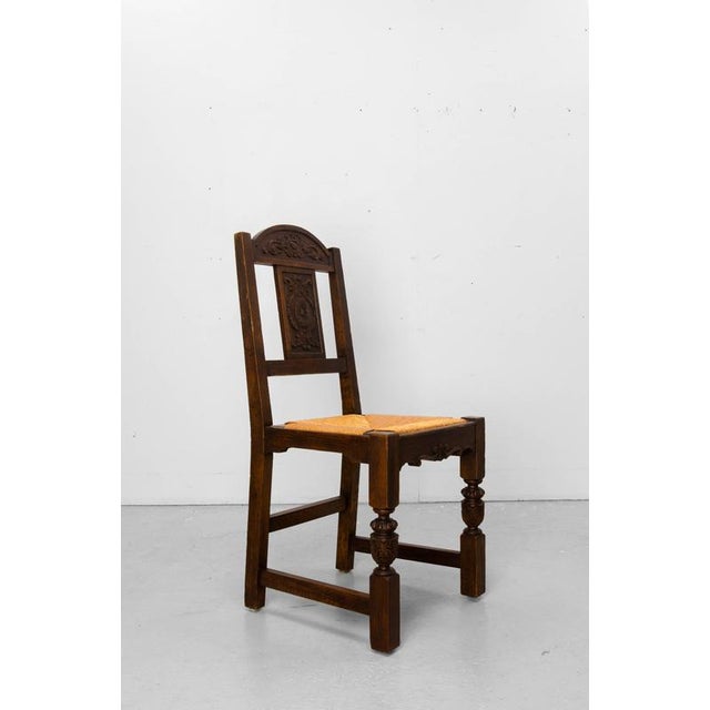 Vintage Spanish Oak Dining Chairs with Rush Seats, 1950, Set of 6 For Sale - Image 9 of 15