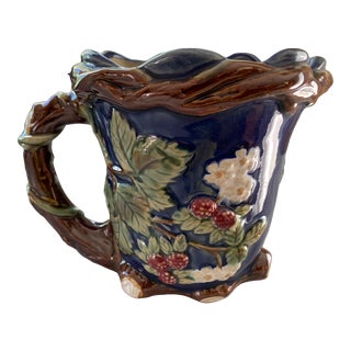 Vintage Majolica Pitcher Berries & Flowers Cachepot For Sale
