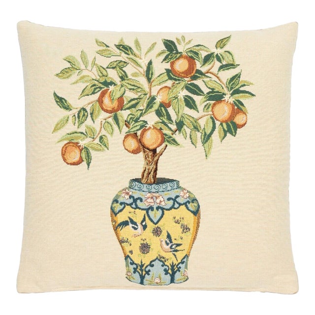 Orange Tree Vase Tapestry Cushion With Feather Filler - 46x46cm (18"x18") For Sale