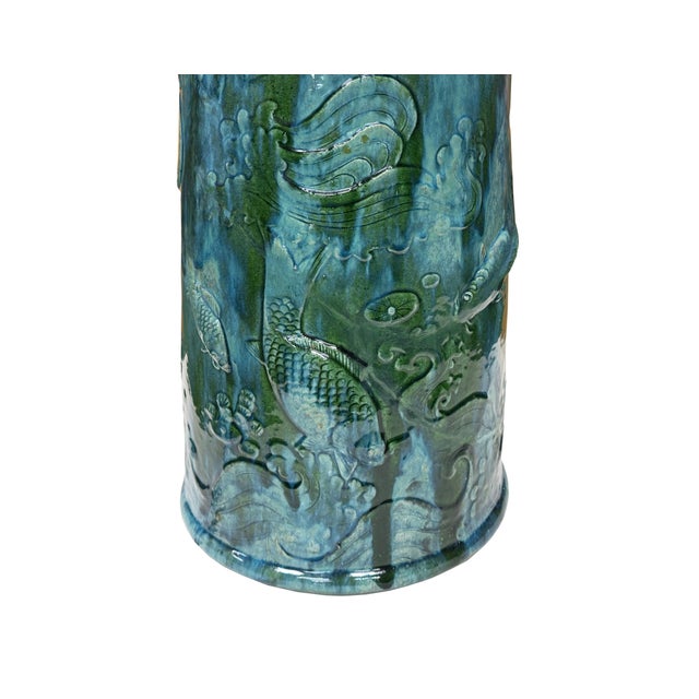 Turquoise Vintage Distressed Marks Turquoise Green Lotus Fishes Ceramic Holder For Sale - Image 8 of 14