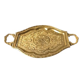 Moroccan Style Gold Gilt Metal Dresser/Serving Tray With Handles For Sale