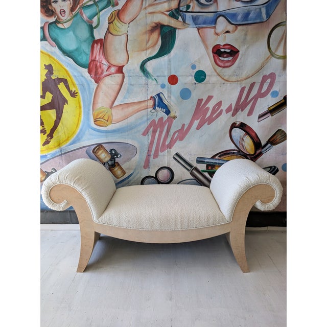 Large Vintage Scroll End Burl and Boucle Upholstered Bench, 1970s For Sale - Image 9 of 10