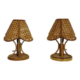 Vintage Bamboo and Rattan Lamps with Caning, 1950s, Set of 2 For Sale