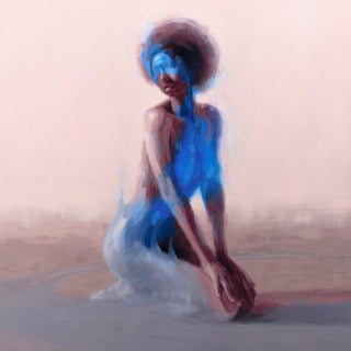 Searching by Josh Sorrell | Oil on panel figure of a woman in blue tones sitting gracefully For Sale