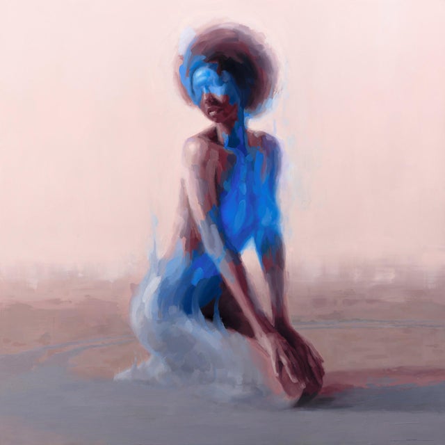 Searching by Josh Sorrell | Oil on panel figure of a woman in blue tones sitting gracefully For Sale