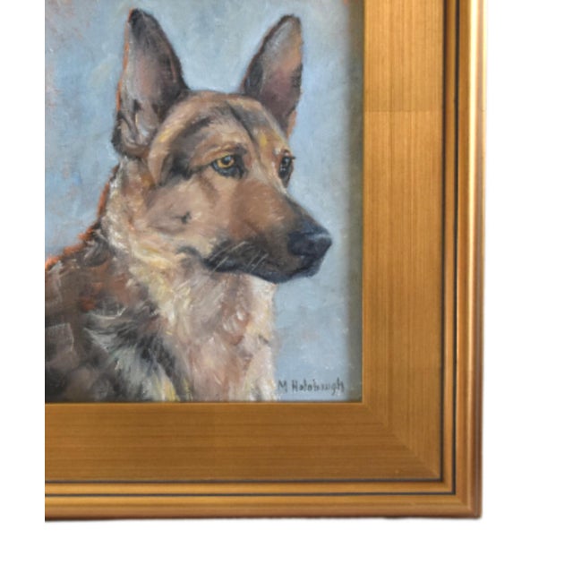 Impressionist German Shepard dog portrait oil painting on stretched artist's canvas. It is signed by the artist M....