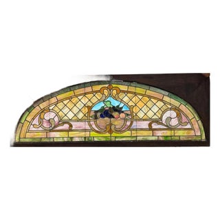 Antique Art Nouveau Colored Stained Glass Fruit 27 X 75 Arched Transom Window, B For Sale