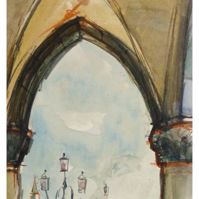 Delightful watercolor painting of a sunlit view of the Venice canals through a stone archway by French artist Stephane...