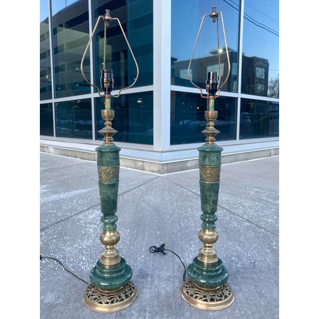 Pair of tall Italian green marble column table lamps with bronze mounts, origin Japan, circa 1940s.