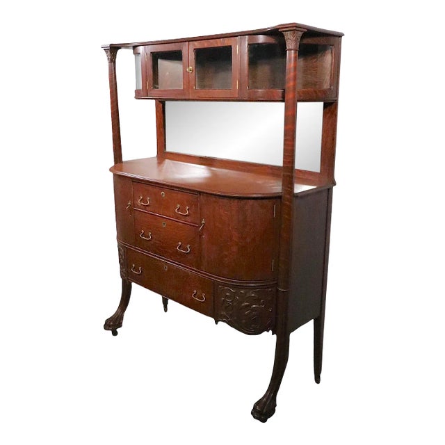 19th Century Victorian Oak Sideboard With Showcase Top, Animal Paw Feet, Mirrored Backsplash For Sale