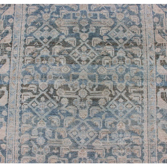 Textile Long Antique Persian Malayer Runner With All Over Herati Design in Soft Blue For Sale - Image 7 of 13
