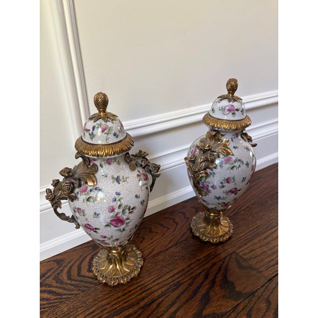 1970s Vintage Porcelain Covered Urns For Sale - Image 5 of 5