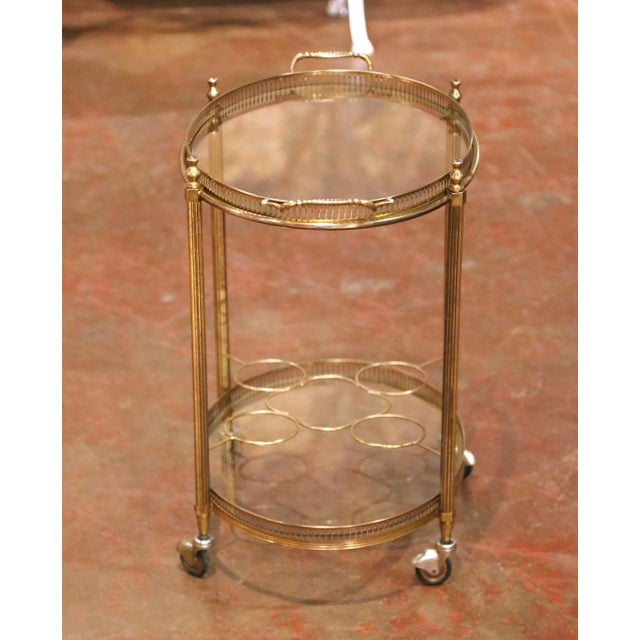 Mid-Century French Brass Oval Bar Cart With Bottle Holder and Glass Shelf For Sale In Dallas - Image 6 of 7