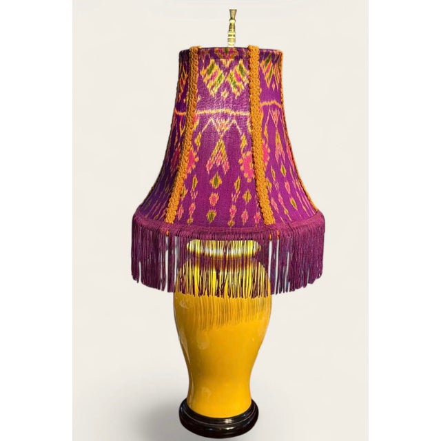 2020s Vintage Purple Ikat Lamp Shade With Gold Trim & Plum Fringe For Sale - Image 5 of 5