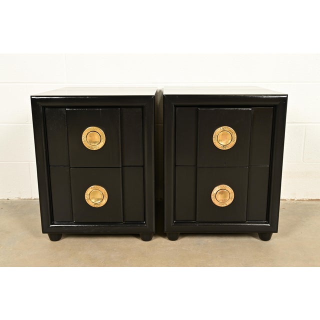 An exceptional pair of mid-century modern Hollywood Regency two-drawer bedside chests By Karpen of California USA, 1950s...