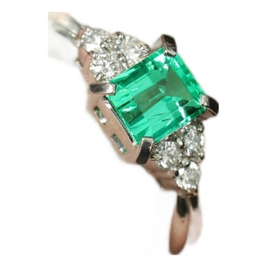 Late 20th Century Gia Colombian No Oil Emerald & 0.18ct Diamond Platinum Ring Size 6 For Sale