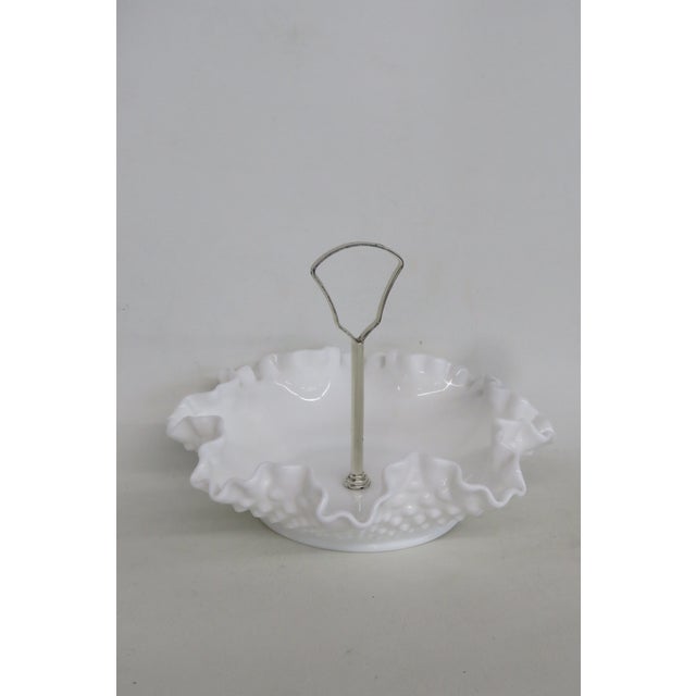 Mid 20th Century Fenton White Milk Glass Ruffled Edge Hobnail Candy Dish With Metal Handle For Sale - Image 12 of 14