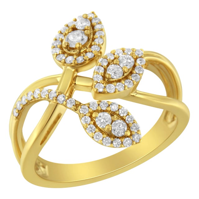 10K Yellow Gold 1/2 Cttw Round-Cut Diamond Layered Crossover Triple Leaf Bypass Ring (I-J Color, I1-I2 Clarity) - Size 7 For Sale